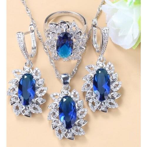 Women Wedding Finery Jewelry Sets With Natural Stone CZ Blue Dangle Earrings And Ring Three-Piece Suit