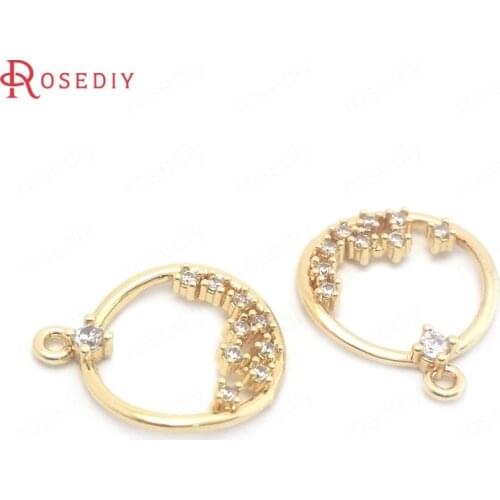 38447)4PCS 13.5x17MM 24K Gold Color Brass and Zircon with Flower Round Charms Pendants High Quality Jewelry Making Supplies