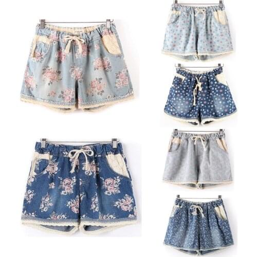 Summer Style 2021 Women Casual Denim Shorts With Elastic High Waist Floral Star Printed For Crop Top Free shipping