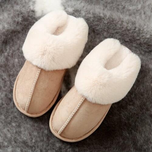 Hot Luxury Faux Suede Home Women Full Fur Slippers Winter Warm Plush Bedroom Non-Slip Couples Shoes Indoor Men Furry Slippers