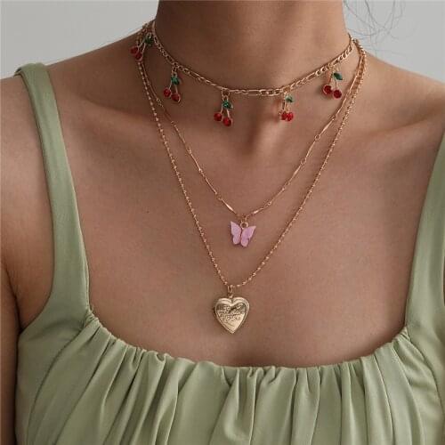 Layered Choker Necklace, Fashion Rhinestone Cherry Butterfly Heart Pendant Necklace for Women and Girls