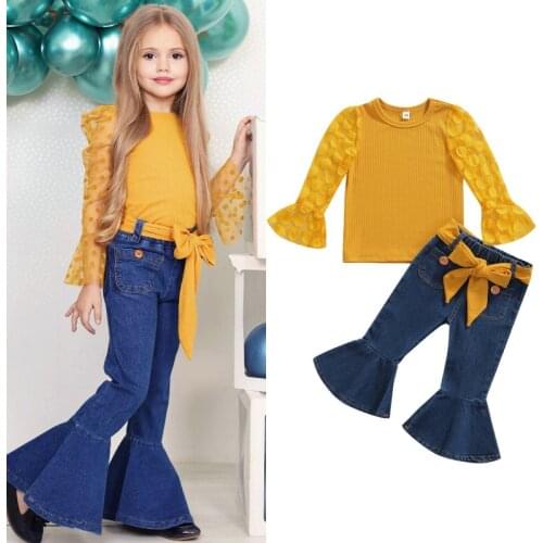 1-6Y Fashion Children Girls Autumn Clothing Sets Mesh Flare Sleeve Knitted T-shirts Tops+Belt Denim Bell-bottom Pants Trousers