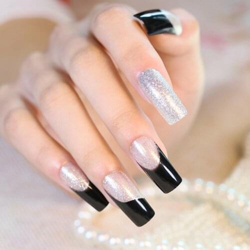 New French 24pcs Silver Slitter Square False Nails Long Full Artificial Nails Black Clear with Powder Faux Ongle Naturelle Z396