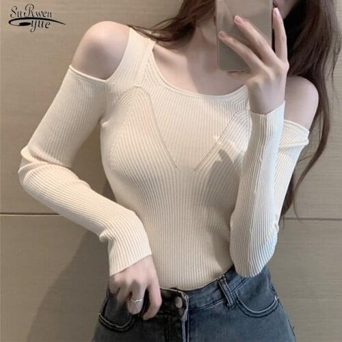 Sexy Autumn Off-shoulder Sling Sweater Korean Elegant Hollow Stitching Women Tops Thin Slim Knitted Tops Blusas Pull Femme 16297