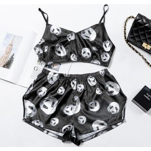 2021 Two Piece Set Sexy Pajamas Casual Print Panda Ladies Sleepwear Satin Summer Silk V Neck Sexy Sling Girls Shorts Pajamas