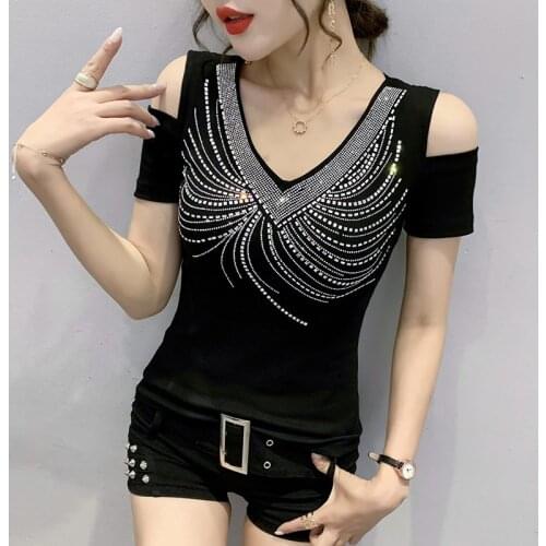 Casual T-shirt Hot Rhinestone Strapless Hole Short sleeve Top Women T Shirt Plus Size M-3XL