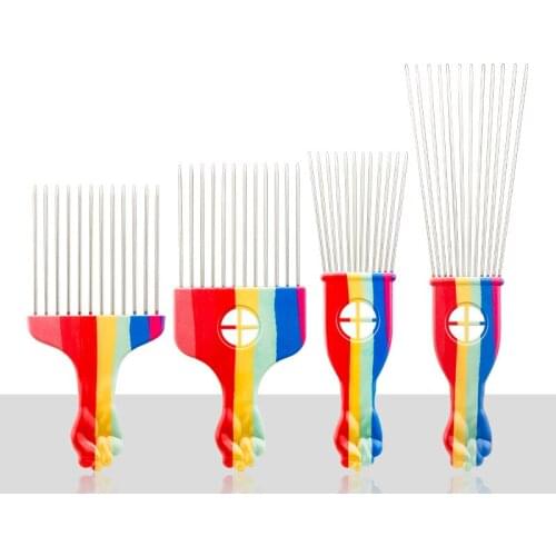 Afro Pick Hair Comb Insert Curly Hair Brush 4 Styles Rainbow Steel Needle Comb For Hairdressing Styling Tool
