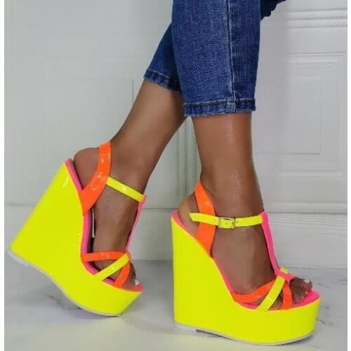 Drop Shipping Lady Fluorescence Yellow Orange Pink Patchwork Sandals Super High Heels Buckle Strap Platform Casual Wedge Sandals