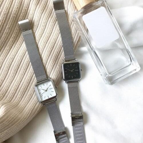 Women Minimalist Design Ladies Quartz Wrsit Watches Gold Silver Stainless Steel Mesh Strap Clock Fashion Square Watches