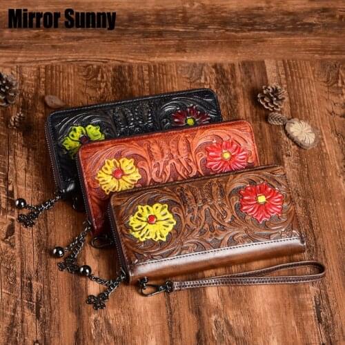 First Layer Cowhide Genuine Leather Womens Wallet Original Retro Embossed Flower Hand Zipper Purse Large Capacity Cellphone Bag
