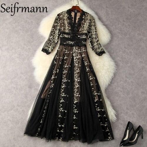 Seifrmann New 2021 Summer Women Fashion Runway Party Long Dress Lantern Sleeve Embroidery Waist Elegant A-Line Dresses Vestidos