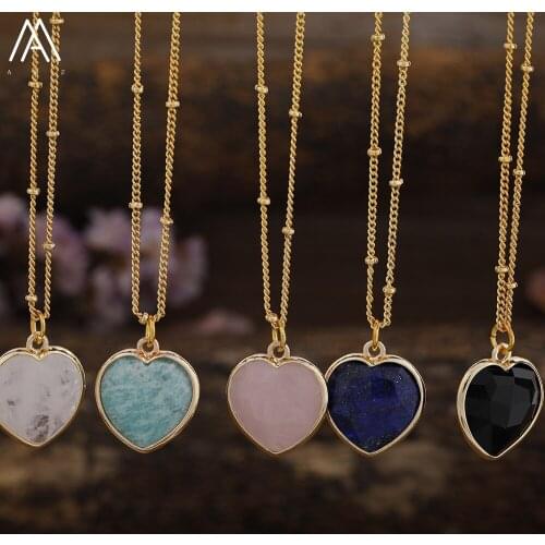 Natural Black Tourmaline Roses Quartz Heart Pendant Necklace For Women Stone Heart Beads Gold Chains NecklaceJewelry Dropship