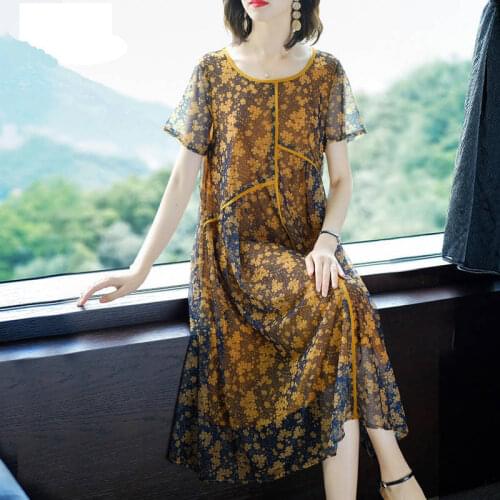 Vintage Print Imitation Mulberry Silk Midi Dresses 2021 Summer Elegant 5XL Plus Size Floral Dress Female Bodycon Vestidos Y818