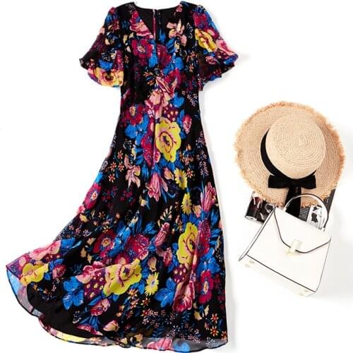 Silk Dress Summer Womens 2020 Fashion Printed V-Neck Short Sleeved Slim A-Line Casual Elegant Dress Mid-Calf Length S-XL