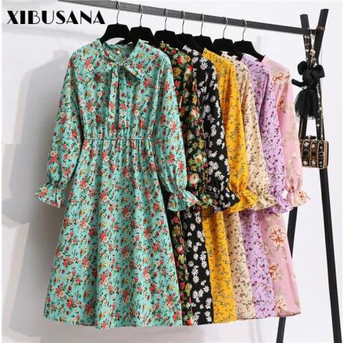 Women Floral Printed Casual Chiffon Dresses 2020 Spring Autumn Female Long Sleeve Bow Collar Vintage Midi Dress Mujer Vestidos