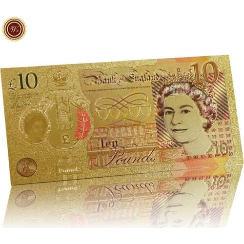 WR 24k Gold Foil Banknote Colored Ten Pounds Fake Bill Paper Money Golden Banknote for Collectible Home Decoration
