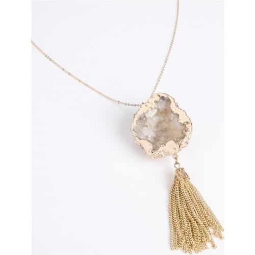 1pcs Natural Stone Druzy Quartz Geode Pendant With Tassel Slice Sweater Chain Women Necklace
