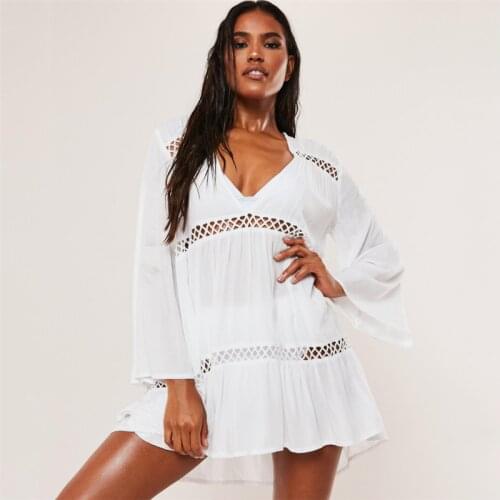2021 Beach Caftan Dress Cover-ups White Cotton Beach Dress Tunic For Women Pareo Beach Swimsuit Cover up Sexy Beachwear #Q966