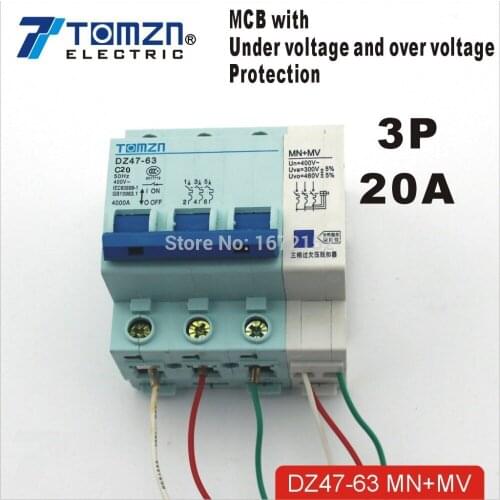 3P 20A 400V~ 50HZ/60HZ MCB with over voltage and under voltage protection Mini Circuit breaker C45 C type