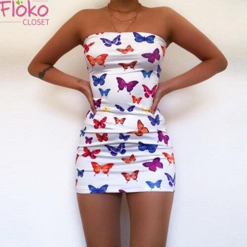 Flokocloset Sexy Off Shoulder Strapless Sheath Mini Dresses Summer Slash Neck Butterfly Print Party Dress