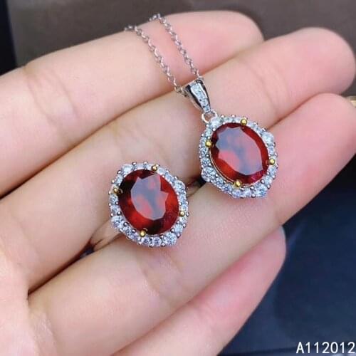 KJJEAXCMY fine jewelry natural garnet 925 sterling silver elegant girl gemstone pendant necklace chain ring suit support test