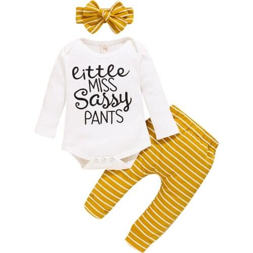 3PCS Newborn Baby Girl Autumn Clothes Set Letter Print Long Sleeve Romper Top Striped Long Pants with Headband Girls 0-18M