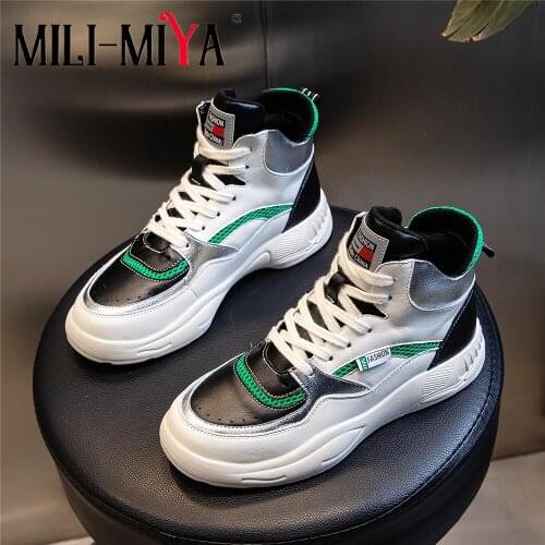 MILI-MIYA Fashion Design Women Cow Leather Sneakers Mixed Color Lace-Up Flat Heels Breathable Mesh Lining Size 35-40 Handmade