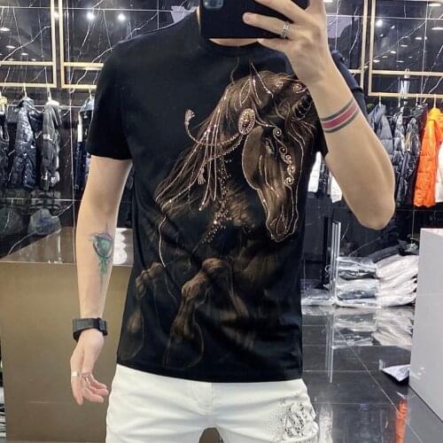 Summer Fashion Breathable Rhinestones Animal Print O-neck Short Sleeve T-shirt Men Personalized Diamond Men Pullover Tshirt Base