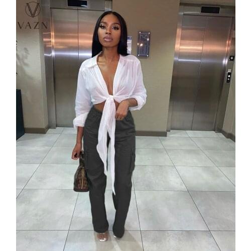 VAZN 2021 Summer Street Style Solid See Through Shinny Deep V-neck Full Sleeve Clothing Shirts Women Top