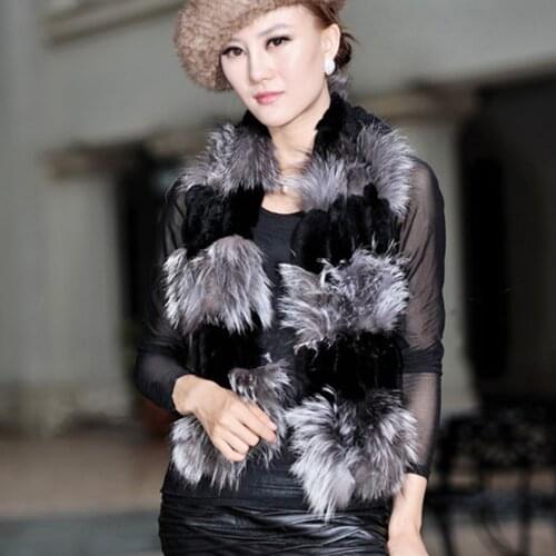 Fox fur c/w rex rabbit fur scarf wrap cape shawl best christmas gift R 050201B brown + black color