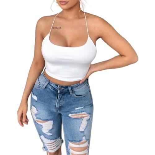 Sexy Low-Cut Vest Women Halter Camis Sleeveless Bodycon Crop Tops Summer Female Streetwear Solid Criss-Cross Backless Camis