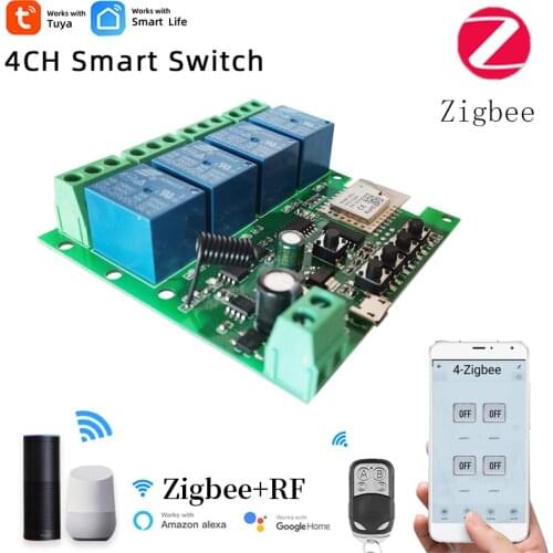 4CH Zigbee Smart Light Switch Module DC 5/12/32V RF433 Receive 10A Relays Work with Alexa Google Assistant,Tuya Smart Life