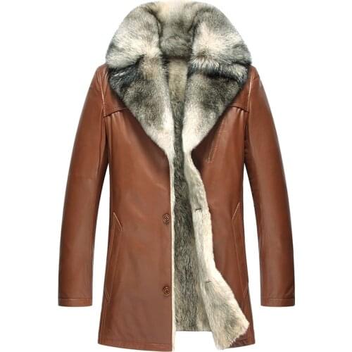 Wolf hair liner Winter Men Leather Jacket Sheepskin fur one Warmer Genuine Leather Coat grass Lining Mens Winter Jackets Coats