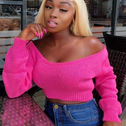 2021 New Autumn Winter Pullover Sweaters Long Sleeve Solid Club Sexy Crop Tops Indie Fashion Slash Neck Knitted Sweaters Female