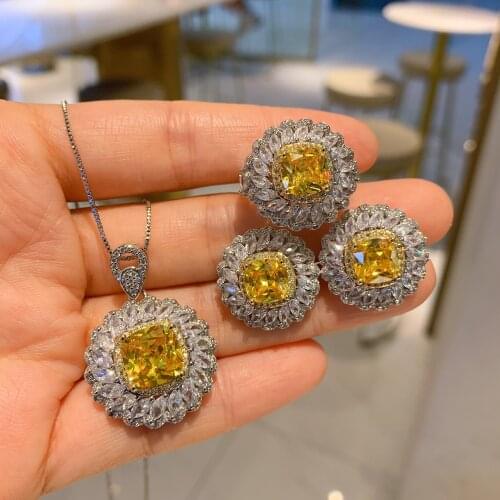QTT New Arrival 925 Sterling Silver Jewelry Sets Square Yellow Cubic Zirconia Necklace Earrings Ring Set Wedding Bridal Jewelry