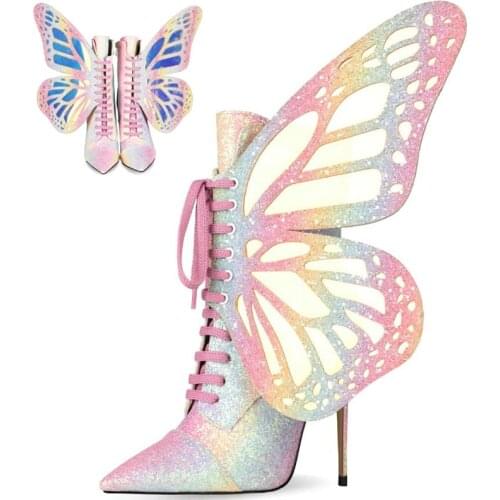 Nightclub Personality Short Boots Sequined Cloth Colorful Butterfly-knot Angel Wings Thin Heels Ankle Boots Shoes Woman Pumps