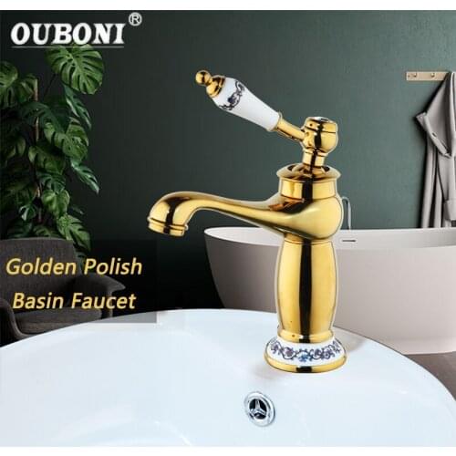 OUBONI Luxury Gold Polish Bathroom Faucet Vanity Vessel Sinks Mixer Tap Solid Brass Water Tap Faucet Mixer Taps Ceramic Handle