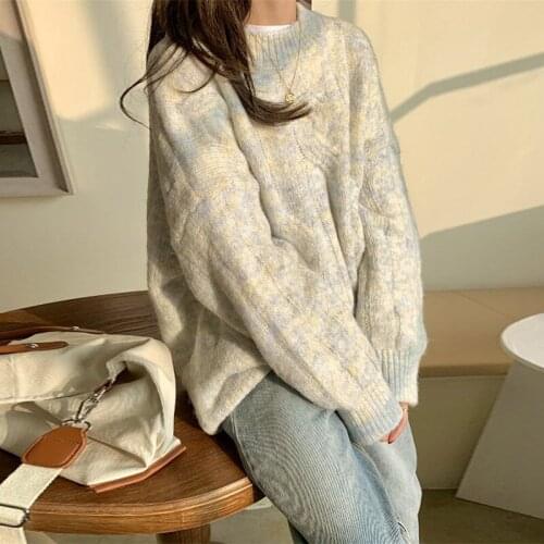 2021 Sweaters Womens O-Neck Pullovers Retro Thick Knitted Long Sleeve Clothes Young Korean Style Loose Top Autumn and Winter