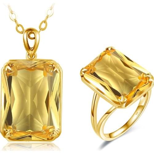 Szjinao Bridal Jewelry Sets For Women Silver 925 Gold Color Sparkling Yellow Crystal Pendant Earrings Ring Set Indian Jewelry