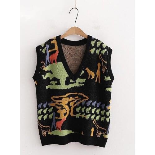 Urifens V Nec Knitted Vest Korean Sweater Oversized Lazy Embriodery Print Sleeveless Pullover 2021 Spring Chic Vest BN46U