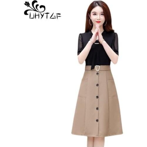 UHYTGF Fashion Womens Summer Dress Short Sleeve Chiffon Fake Two Piece Elegant Female Dress New Stitching Plus Size Dresses 1407