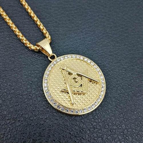 Letter G Masonic Round Pendants 316L Stainless Steel Necklaces for Men Hip Hop Bling Iced Out Rapper Jewelry with 24" Gold Chain