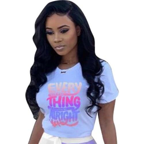 Patchwork Short Sleeve T-shirt "EVERYTHING ALL RIGHT" Plus Size Women White Top 2020 Summer Fashion Casual Streetwear S-3XL