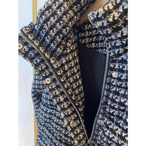 Women Turtleneck Short Coat Houndstooth Tweed Single Breasted Lace-up Autumn Winter Ladies Jacket