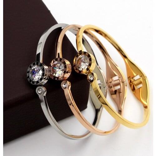 Fashion Better Round Crystal Roman Numerals Spring Bangle Bracelet Rose Gold Color Stainless Steel Woman Party Gift