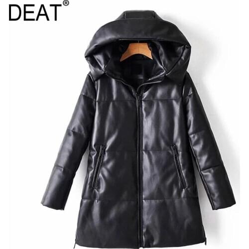 [DEAT] Loose Fit Leather Brief Warm Woolen Coat Parkas New Hooded Long Sleeve Women Fashion Tide Autumn Winter 2021 13U081