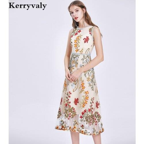 Summer Mesh Embroidery Flower Vintage Dress Moda Mujer 2021 Elegant Lady Floral Holiday Beach Dress Sukienki Damskie K6636