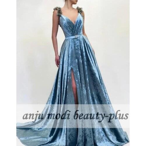 2021 Long Velvet V Neck Prom Dresses Sleeveless High Split Side Formal Evening Party Ball Gown Robe De Soiree