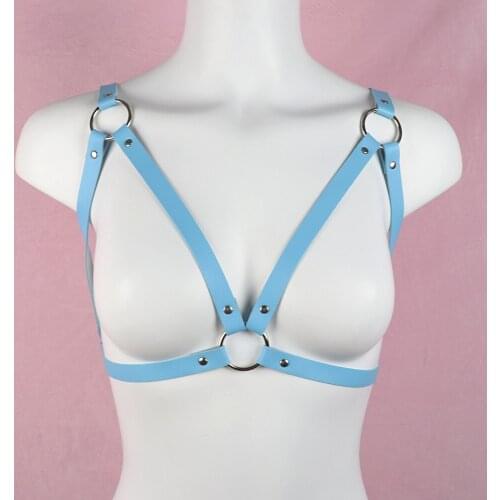 2021 Rave Harness Blue PU Leather Breast Cage Bra Sexy Lingerie Adjustable Body Bondage Suspenders Straps Kawaii Accessories New