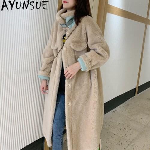AYUNSUE Winter Jacket Women Long Real Fur Coat Sheep Shearing 100% Wool Coats and Jackets Women Clothes Abrigos Mujer Invierno